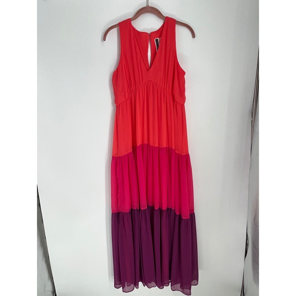 Julian Taylor Colorblock Tiered Maxi Dress Women 6 Coral Pink Purple Resortwear